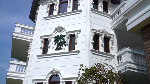 Window surrounds, decorative motifs, and balcony profiles on the upper-floor facade