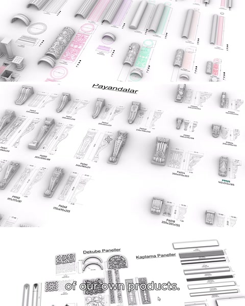 Disegno tecnico e pagina catalogo prodotti di articoli in poliuretano mostrati