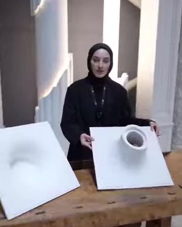 Il presentatore spiega l’apparecchio illuminante amorfo convesso tenendolo frontalmente