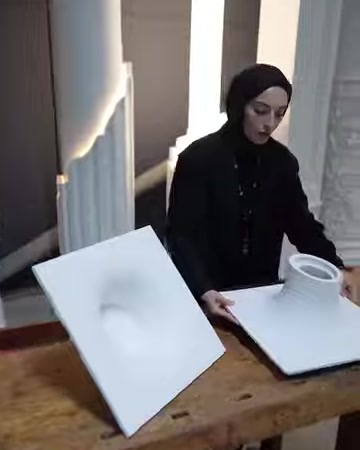 Il presentatore appoggia l’apparecchio illuminante convesso accanto all’altro modello sul tavolo