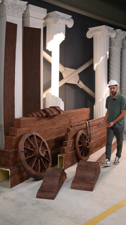 Travi, blocchi e ruote da carro effetto legno disposti in uno showroom