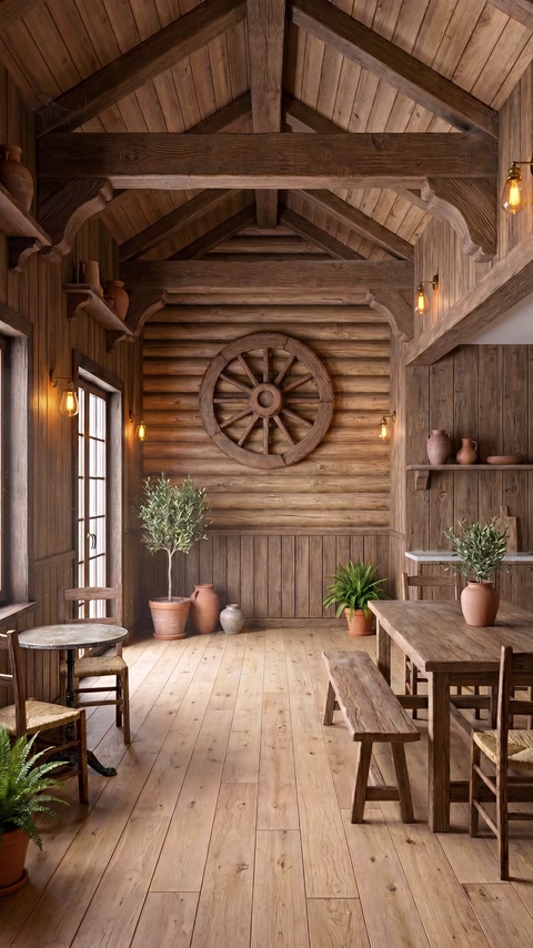 Interno rustico con pannelli murali effetto legno, travi e ruota decorativa