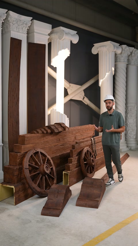 L'esposizione dello showroom combina elementi intagliati a forma di carro, componenti effetto legno e campioni di colonne