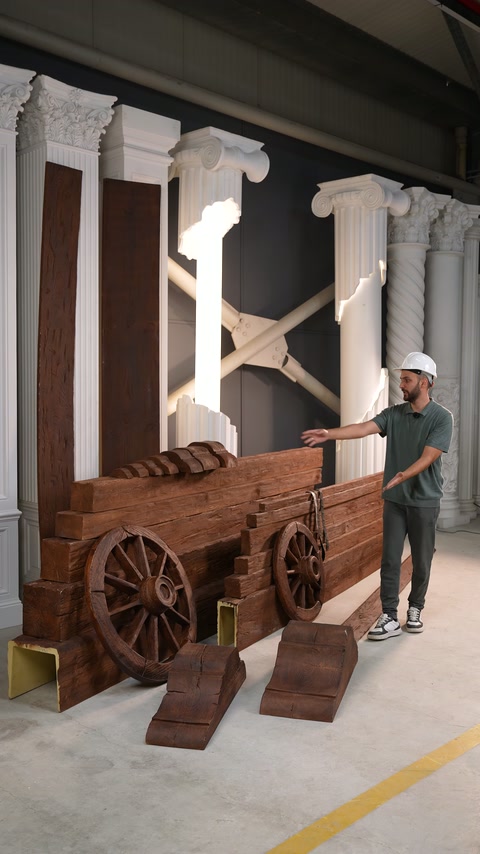 Il presentatore introduce un gruppo di travi effetto legno accanto a colonne decorative bianche