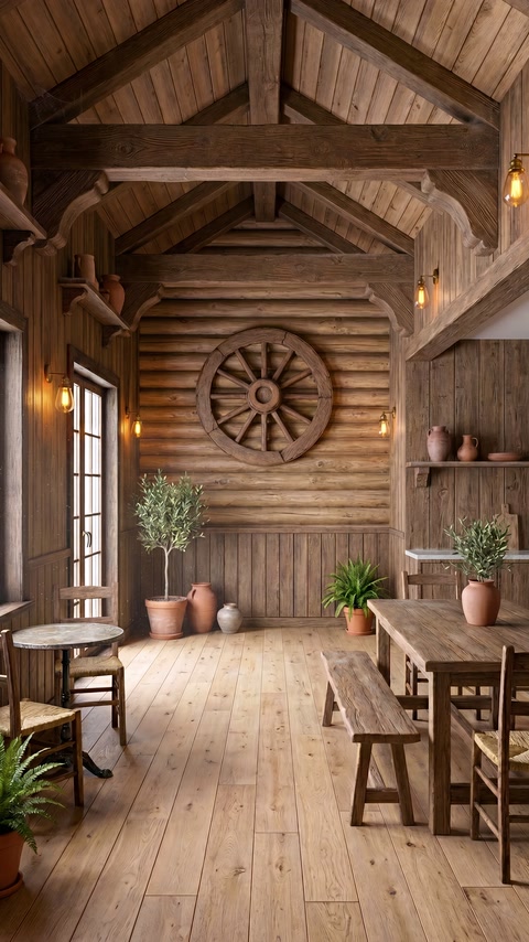 Un ambiente rustico finito utilizza pannelli effetto legno, travi del tetto e un ornamento circolare da parete
