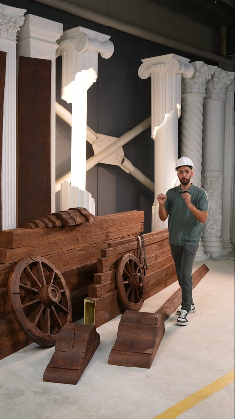 Tavole effetto legno, campioni curvi e decorazioni a forma di ruota circondano il presentatore