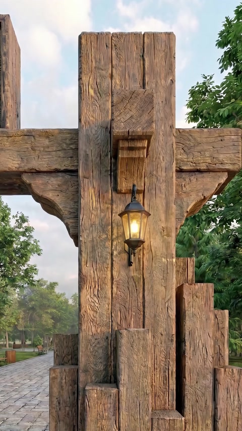 Le travi in poliuretano effetto legno si incontrano sopra una lanterna all’ingresso del parco.