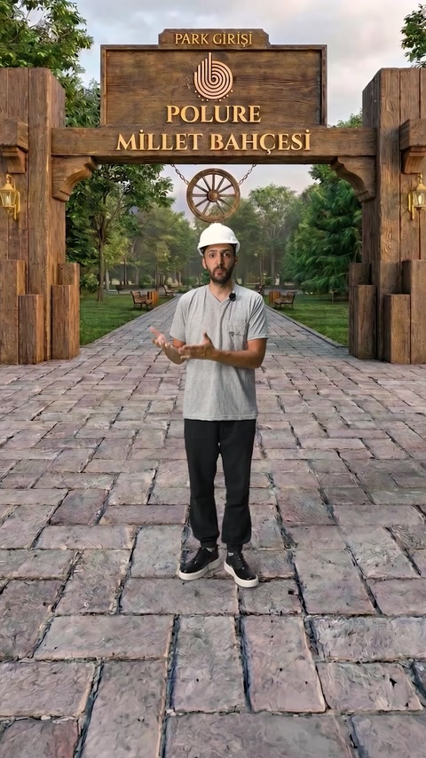 Una vista panoramica mostra la struttura completa dell’ingresso del parco in poliuretano effetto legno.