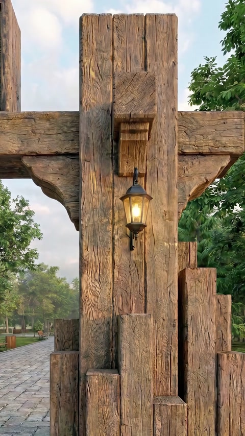 Visione ravvicinata mostra colonna venatura legno installata, lanterna e base a gradini.