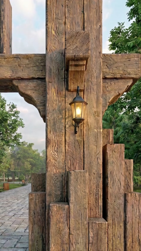 Palo finto legno finito espone staffa decorativa e lanterna parete illuminata.