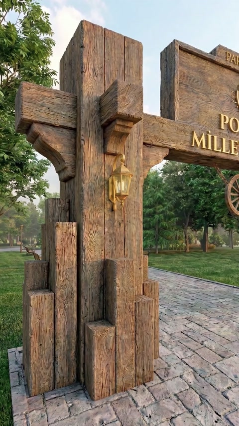 Angolo cancellata rustica installata presenta sezioni palo stratificate e illuminazione.