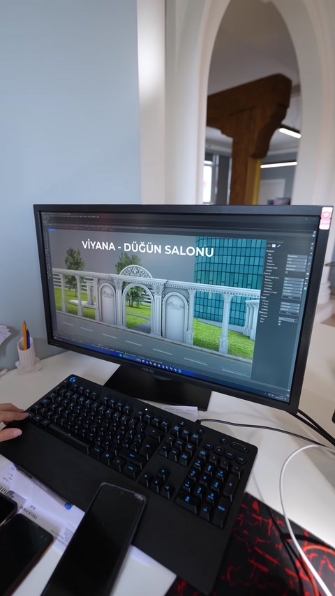 Viyana düğün salonunun kemer ve sütunlarla hazırlanan cephe modeli