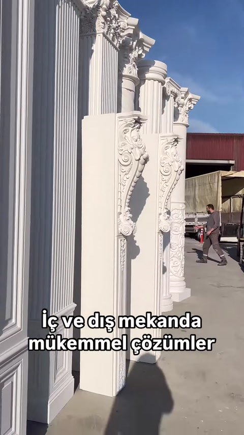 Elementi verticali e capitelli di colonne con decorazioni classiche sono mostrati in primo piano