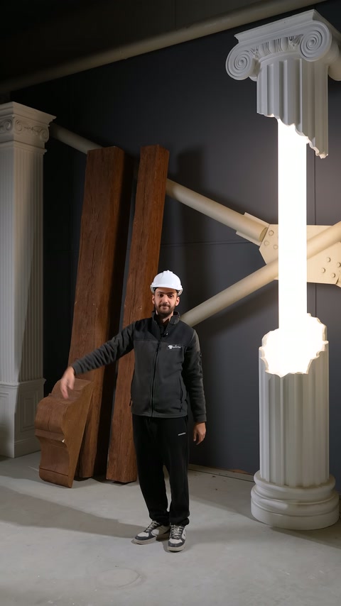 Varietà di travi effetto legno sono disposte verticalmente dietro al presentatore.
