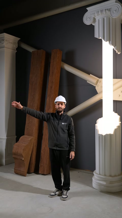 Presentatore confronta con la mano modelli di trave decorativa di larghezze diverse.
