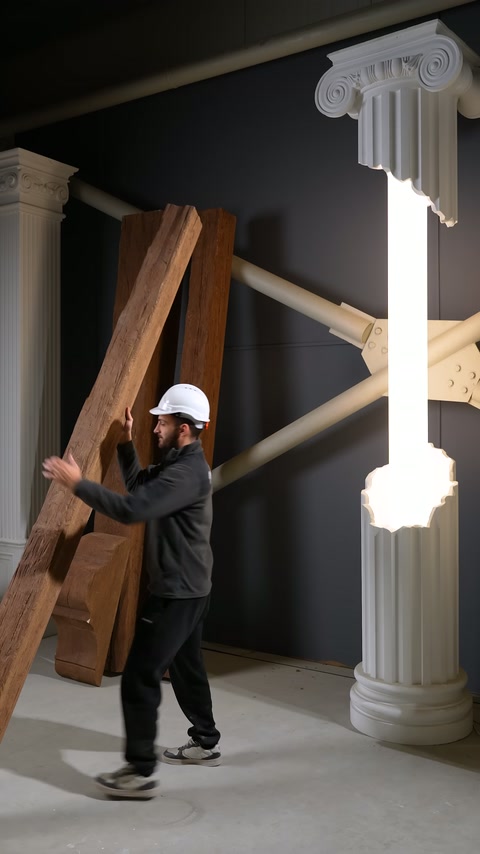 Trave lunga e stretta con aspetto di legno viene sollevata dal presentatore.