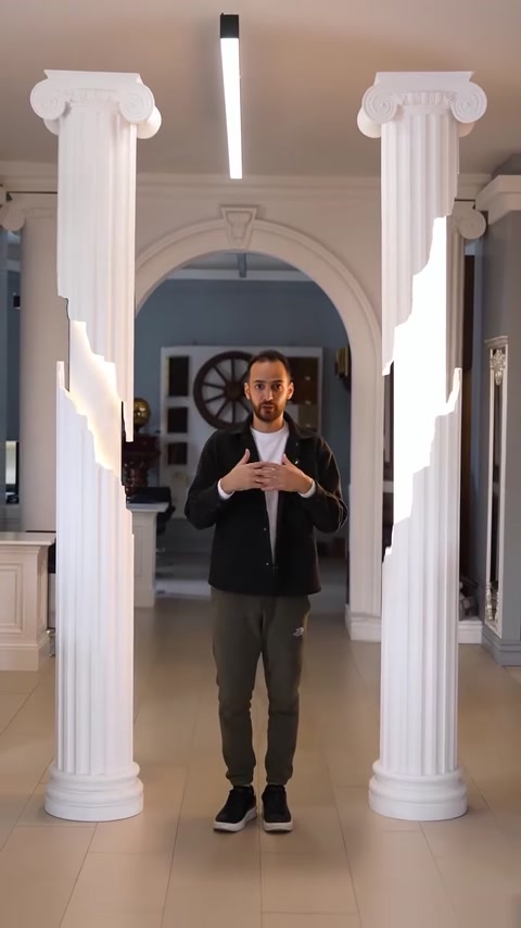 Presenter standing between illuminated columns closing the video