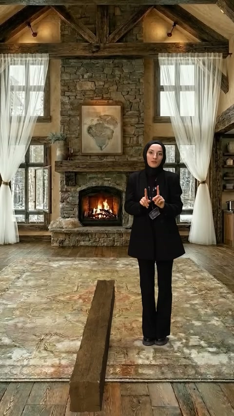 Sunucu, rustik şömineli salonda ahşap dokulu kiriş örneğini tanıtıyor.