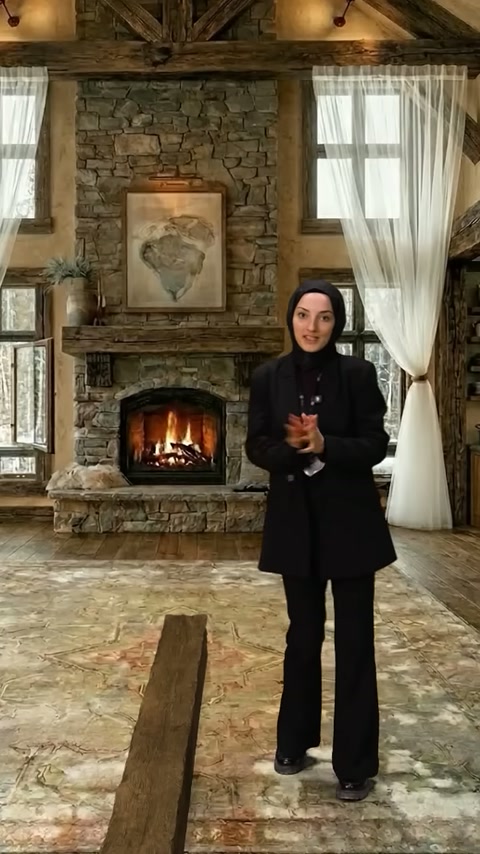 Şömine önündeki sunucu, dekoratif kiriş numunesinin yüzey dokusunu gösteriyor.
