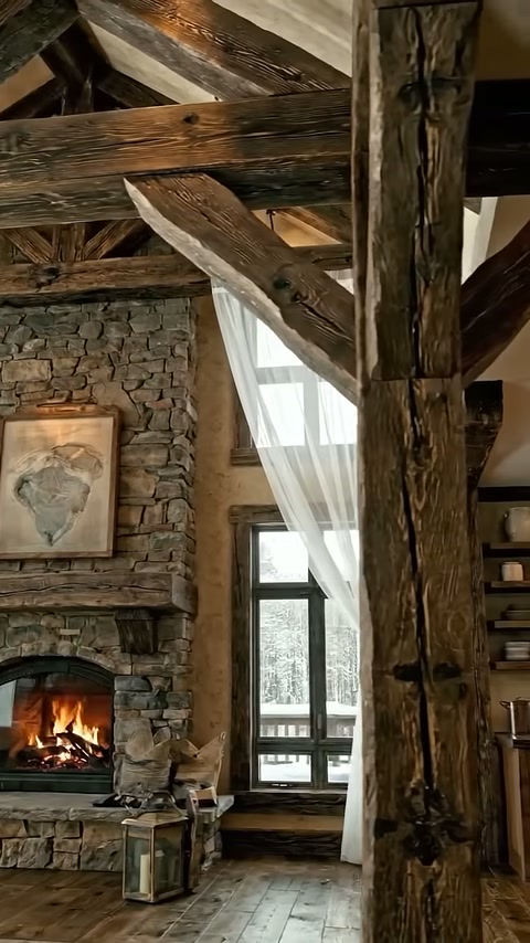 Salon tavanındaki kiriş birleşimi, taş şöminenin yanında ayrıntılanıyor.