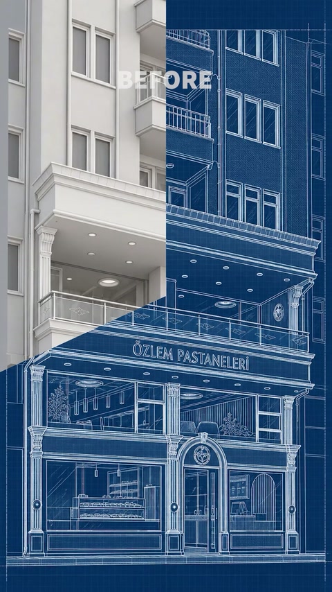 Facciata commerciale confrontata con il disegno di progettazione architettonica coordinato
