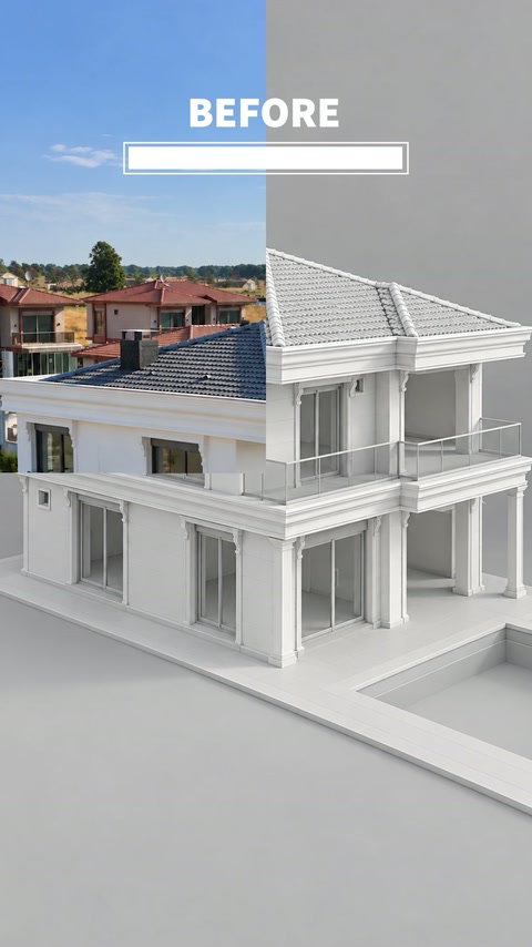 Concetto di villa bianca prima dell'aggiunta di elementi decorativi esterni