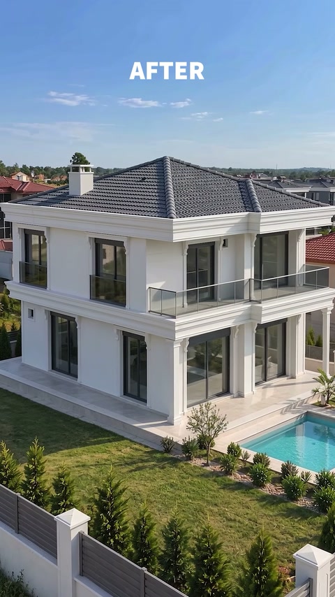 Esterno villa completato con colonne, cornici e infissi finestra