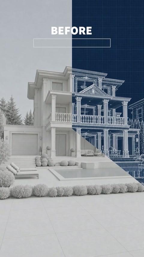 Visualizzazione villa incompiuta abbinata ai disegni dettagliati di progettazione della facciata