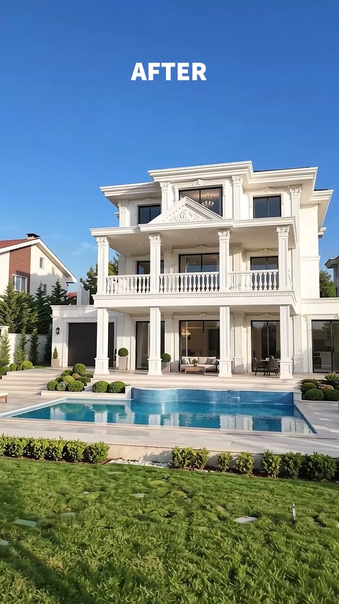 Ampia vista bordo piscina della composizione villa simmetrica completata