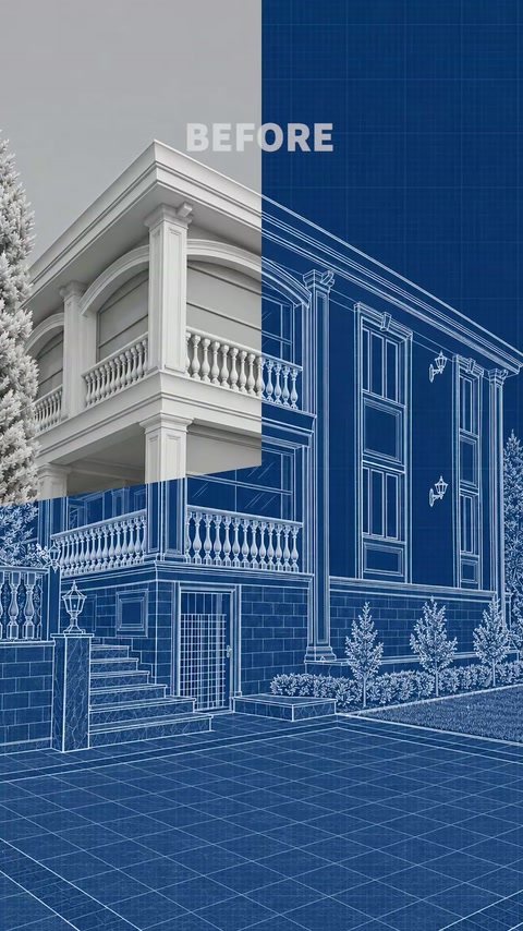 Facciata villa d'angolo confrontata direttamente con il progetto architettonico