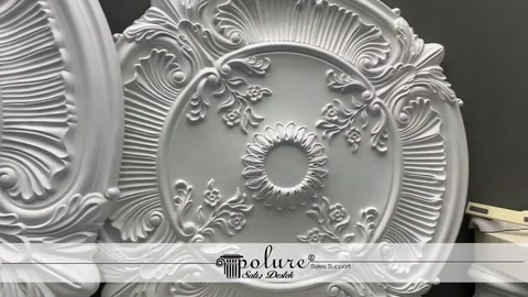 A large ceiling medallion decorated with floral and leaf motifs is viewed from the front