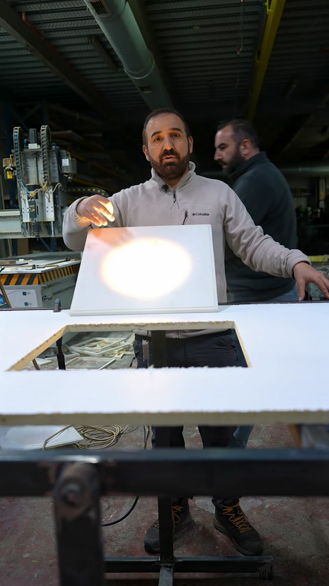 Tecnico dimostra la distribuzione della luce sul pannello quadrato illuminato