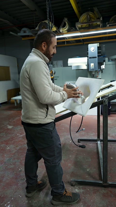 Usta, eğimli tezgâhtaki armatürün iç boşluğunda bağlantı yapıyor.