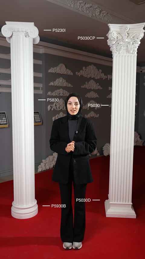 Sunucu, kırmızı zemin üzerindeki farklı beyaz sütun modellerini sergiliyor.