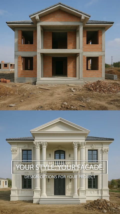 Unfinished building compared with a classical column facade design visualization.