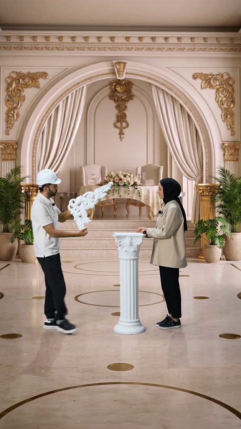 A patterned decorative piece is held up in front of an arched hall backdrop.
