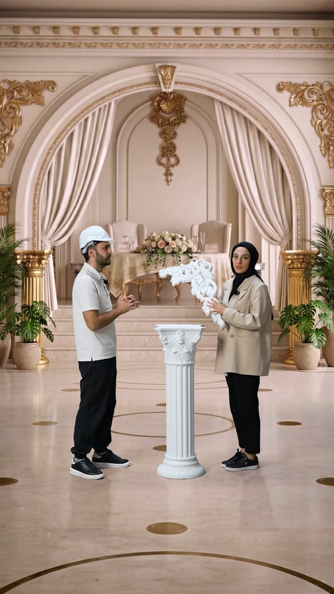 A long curved ornamental piece is examined by two people.
