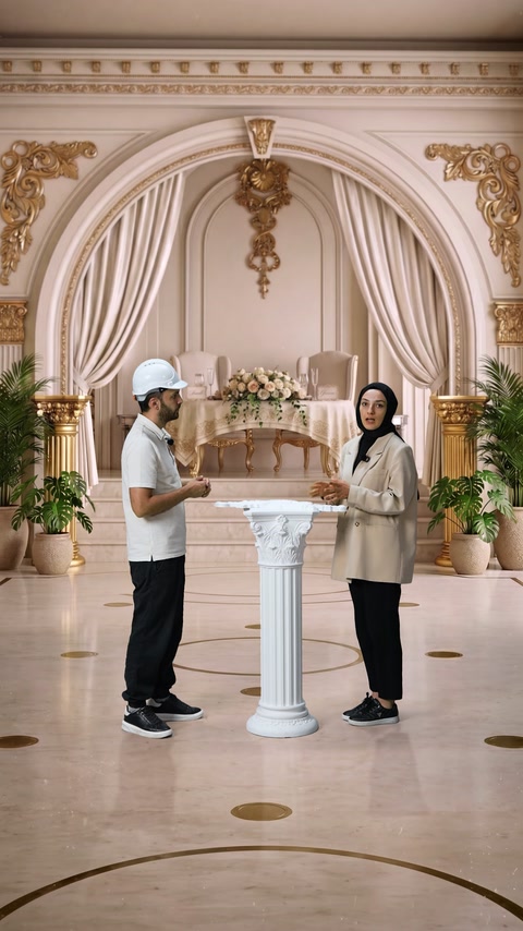 A general view of a wedding hall with column and arch decorations.