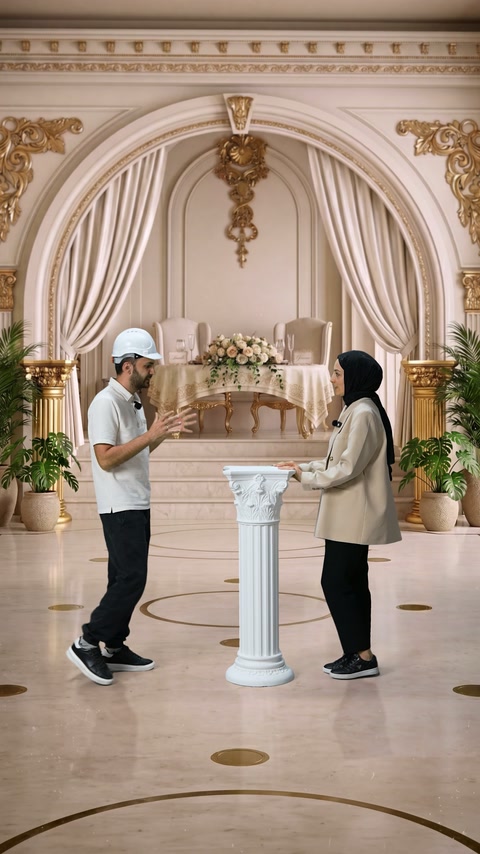 İki kişi, işlemeli kemer fonunda sütun modeli hakkında konuşuyor.