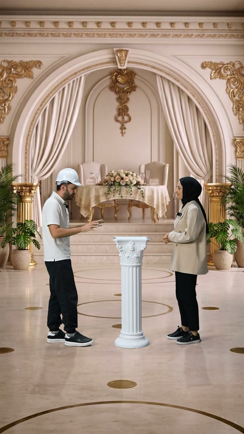 Sunucular, kemer ve duvar süslemeleri arasında beyaz sütunu değerlendiriyor.