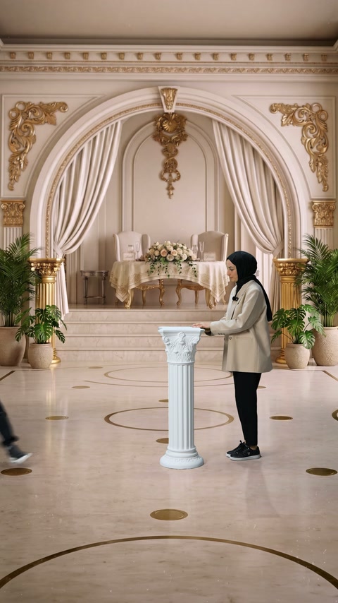 Kadın sunucu, klasik sütun yanında ürün özelliklerini dinliyor.