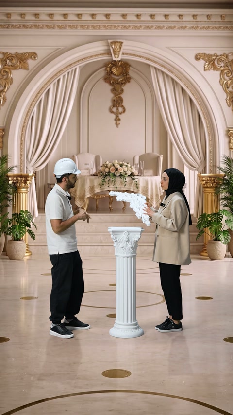 Uzun kabartmalı süsleme, klasik başlıklı sütunun üzerinde inceleniyor.