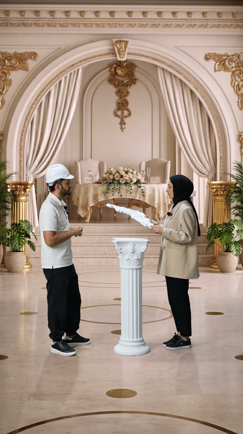 Bitkisel desenli dekoratif parça, salonun kemer uygulamaları önünde sergileniyor.