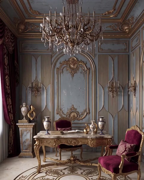 Ornate living room featuring gold-trimmed decorative wall panels and chandelier