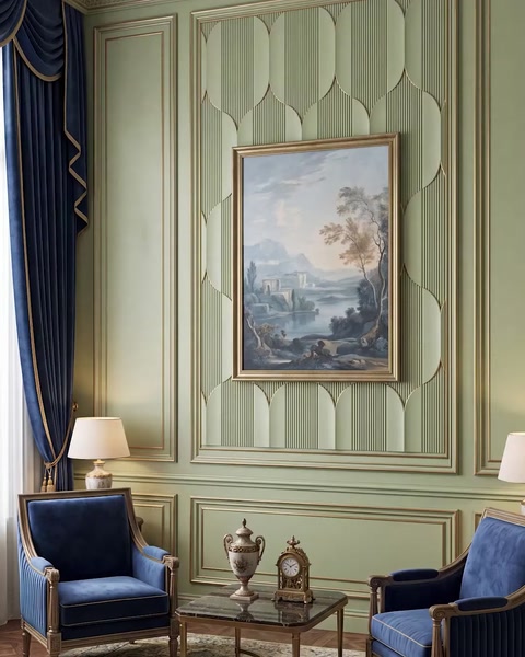 Sage green living room with textured wall panel and framed painting