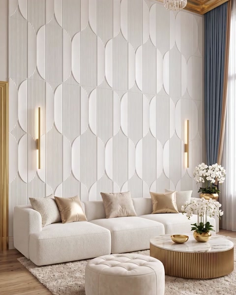Bright white living room showcasing vertical panel wall behind sofa