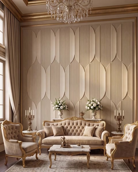 Elegant living room with cream panel wall, gold accents, floral decor