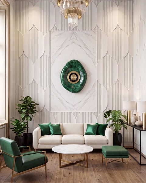 Marble-tone wall panel with green circular decorative centerpiece