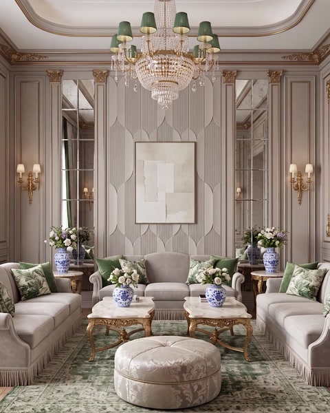 Living room with panel wall, green upholstered chairs, ornate chandelier