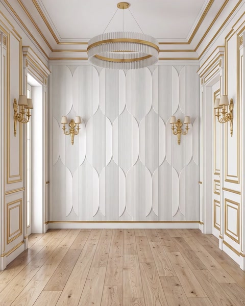 Empty room showing full panel wall installation with wall sconces